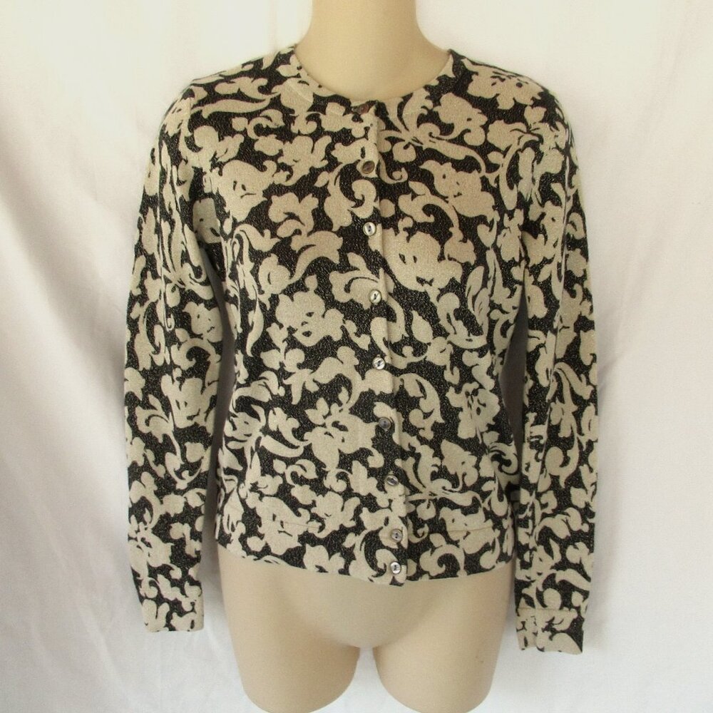 Charter Club Sweater Cardi Ps Black Beige Floral Metallic Threads